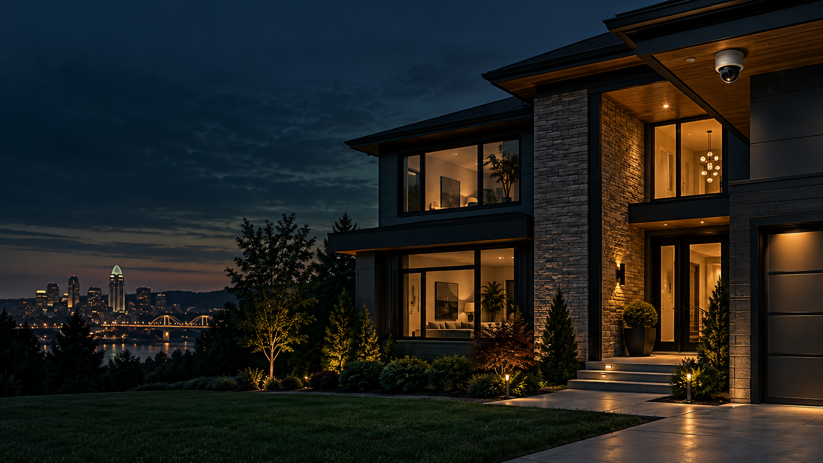 Concept of a connected home with exterior security camera at dusk