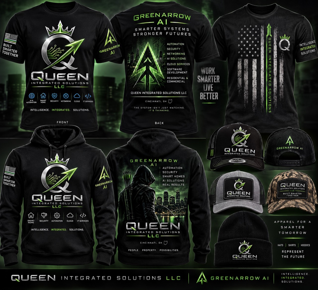 Queen Integrated Solutions and Green Arrow apparel design collection showing black T-shirts, hoodies, caps and a beanie with green and silver branding